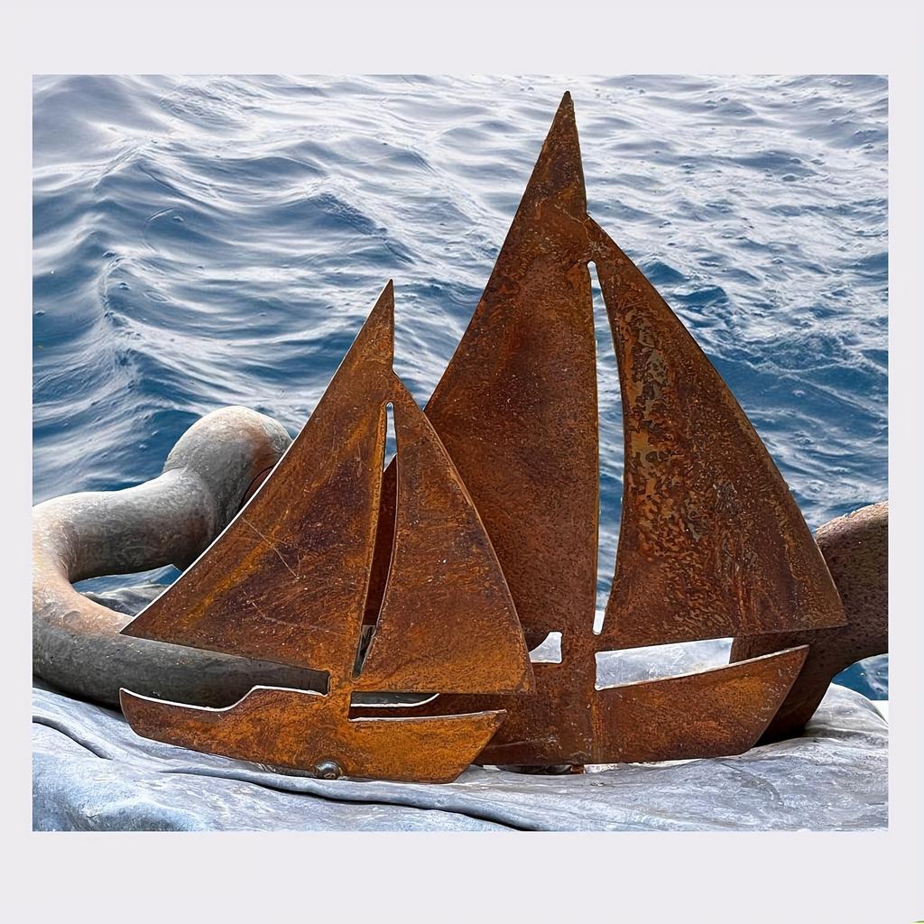 Ornamentos de Jardim de Velheiro de Metal, 2 Peças de Decorações de Jardim 3D, Navio Vintage Marrom Enferrujado, Perfeito para Decorações Externas com Tema Oceânico