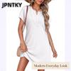 JPNTKY Damen Mode Sommer Frühling Einfarbige Druck V-Ausschnitt Kurze Ärmel Freizeitkleider