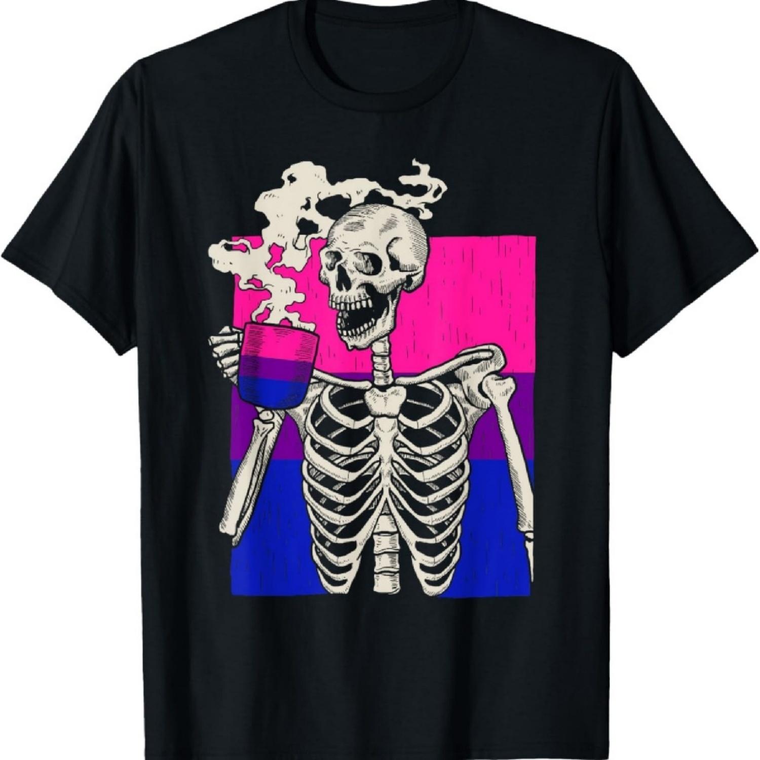 

Skeleton Drinking Coffee LGBT-Q Retro Bisexual Pride Flag T-Shirt XXXXXL чорний