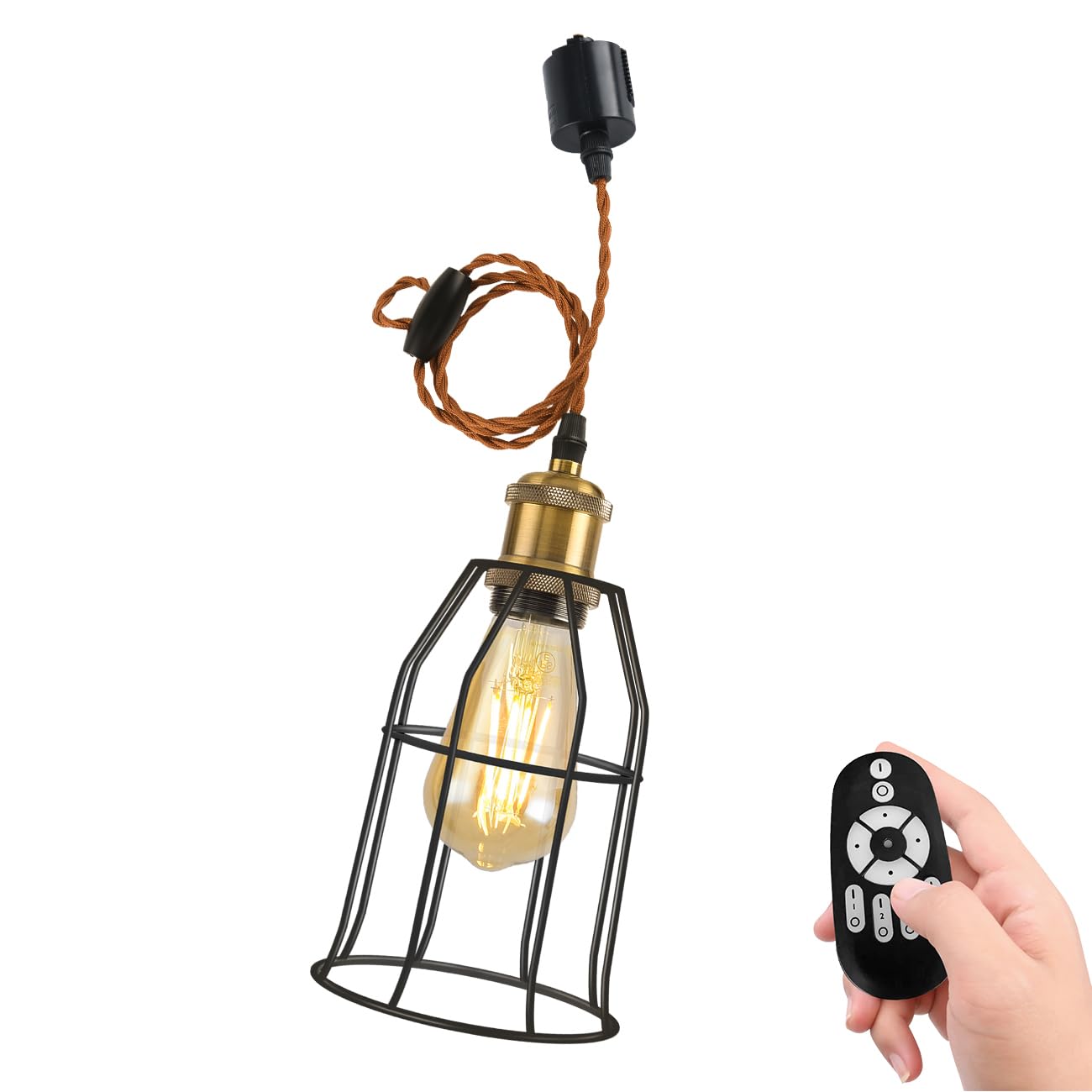 

This pendant light fixture features a duct rail, E26 base, dimmable color adjustment, 6W power consumption (equivalent to a 60W bulb), remote