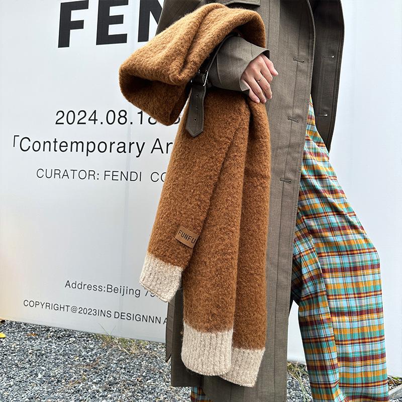 Autumn and winter new thickened long fluffy high-end scarf warm thickened contrasting knitted scarf
