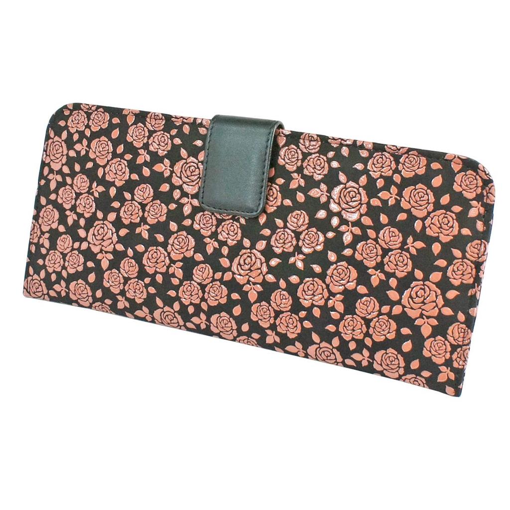Indenya Inden Long Wallet, Large, Thin Deerskin, Black with Pink Lacquer, Small Rose Pattern, 2107-51-176