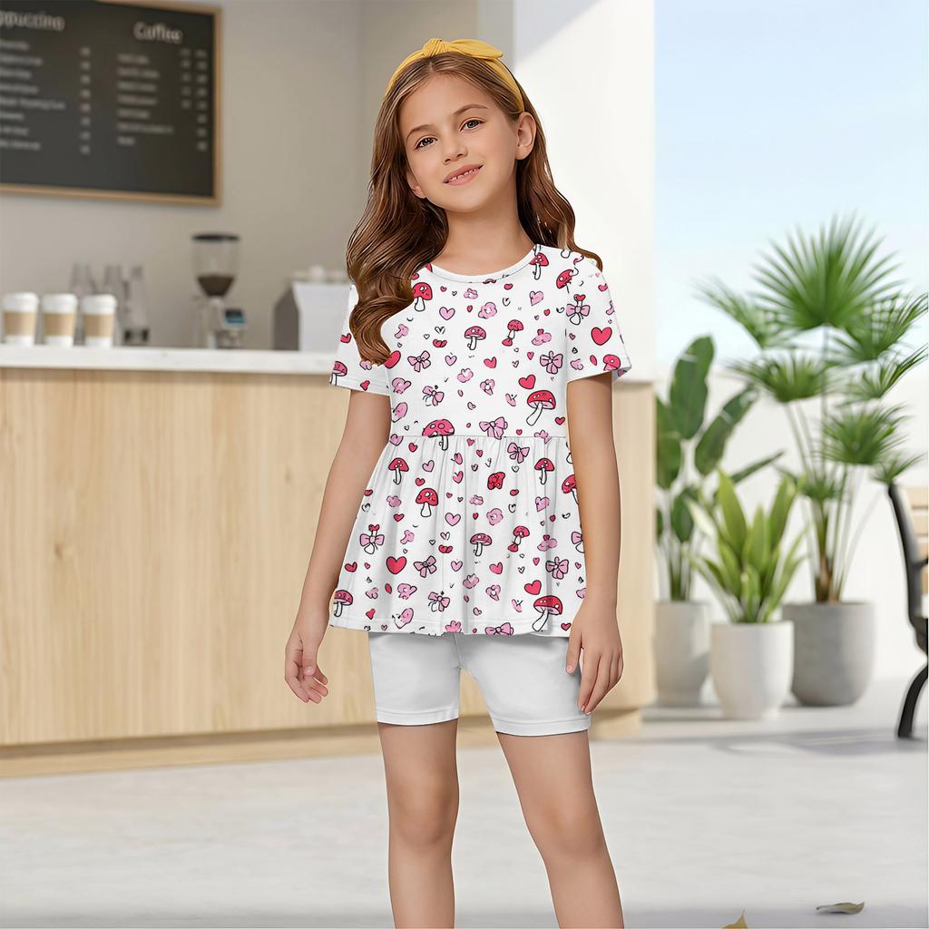 Girls Summer Outfit Set Short Sleeve Ruffle Hem Top and Shorts with Heart Pattern Casual Lightweight Clothing for Kids
