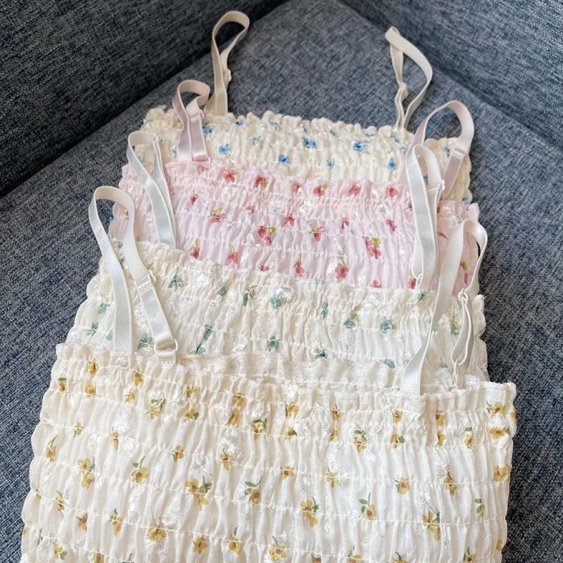 Summer Floral Suspender Women with Chest Pad Chic Small Interior Design Feeling Pleated Top