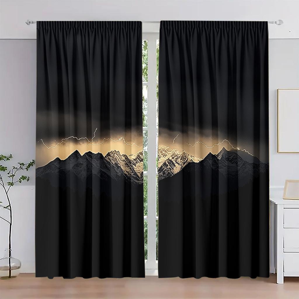 2pcs Art Deco Blackout Curtains, Mountain Lightning Print, Rod Pocket Peach Skin Velvet Drapes, Machine Washable, Fade Resistant
