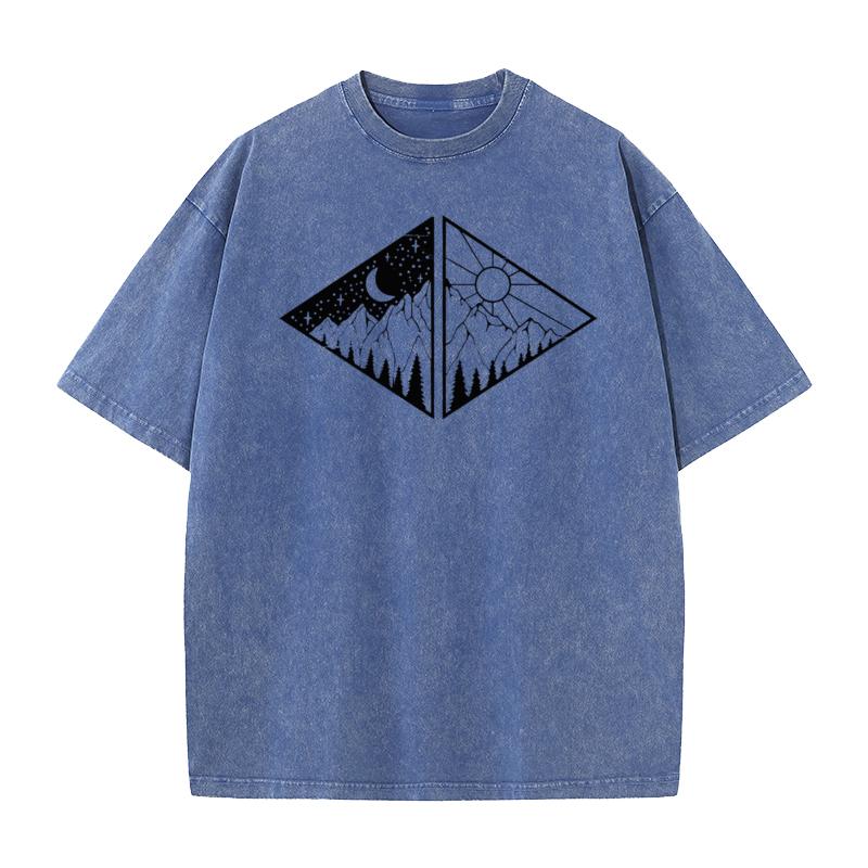 Rectangular Black Mountain Pure Cotton Men Tops  Tees Vintage Mother Day Retro Washed T Shirts Loose Round Neck Washed T Shirts