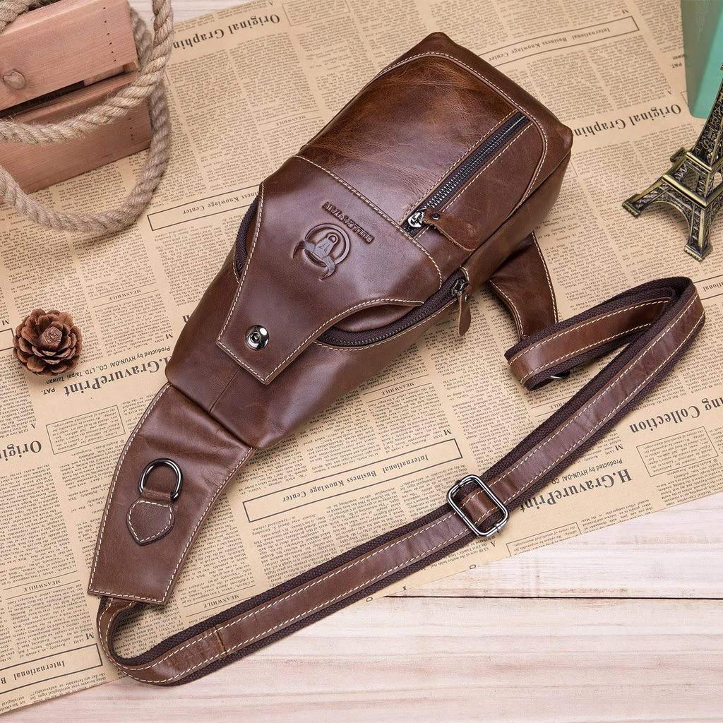 XMSSAA Genuine Leather Crossbody Shoulder Large Chest Fits iPad Mini Men's Bag, Bag, Stylish, Lightweight, Capacity, One-Shoulder Bag, (Brown)