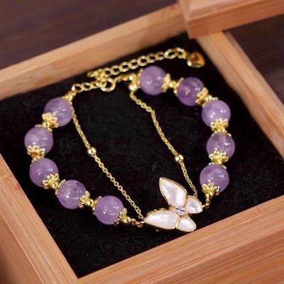 Double-Layer Purple Beaded Butterfly Pendant Bracelet For Women Girls Fashion Jewelry Gifts