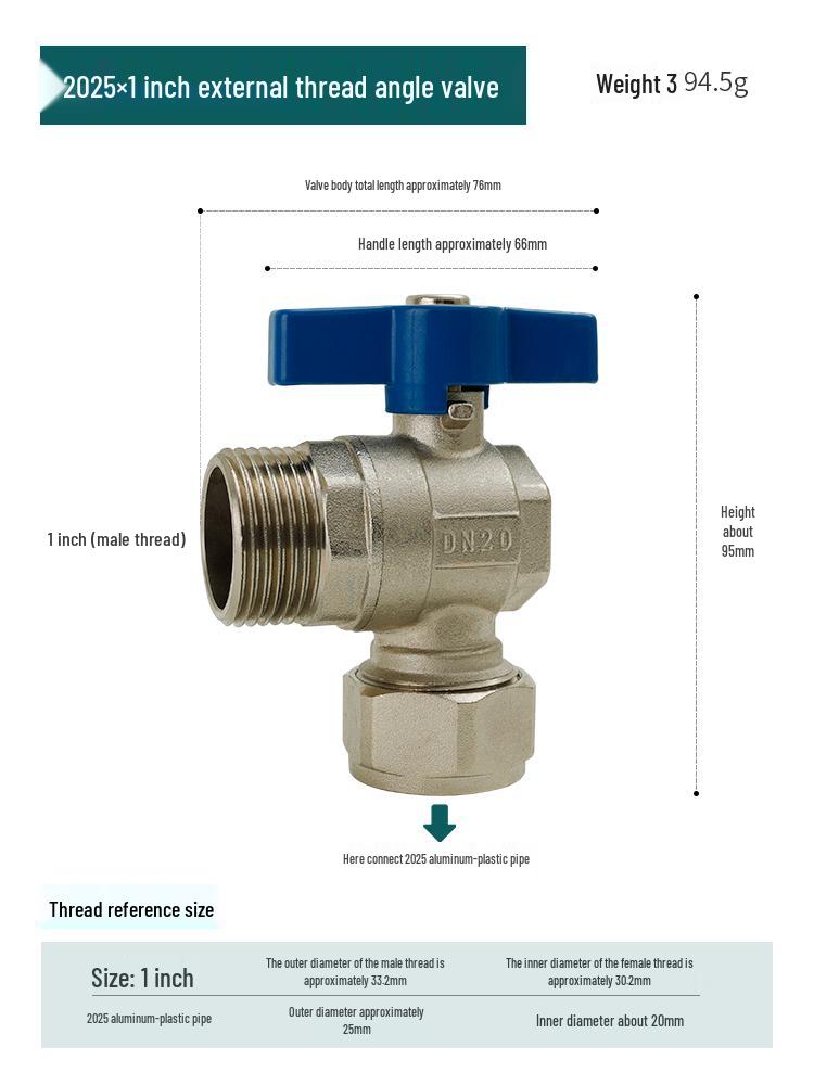 All-Copper Large Flow Angle Gas Pipe Boiler Ball Valve with Aluminum-Plastic Pipe External Thread (4-point, 6-point)