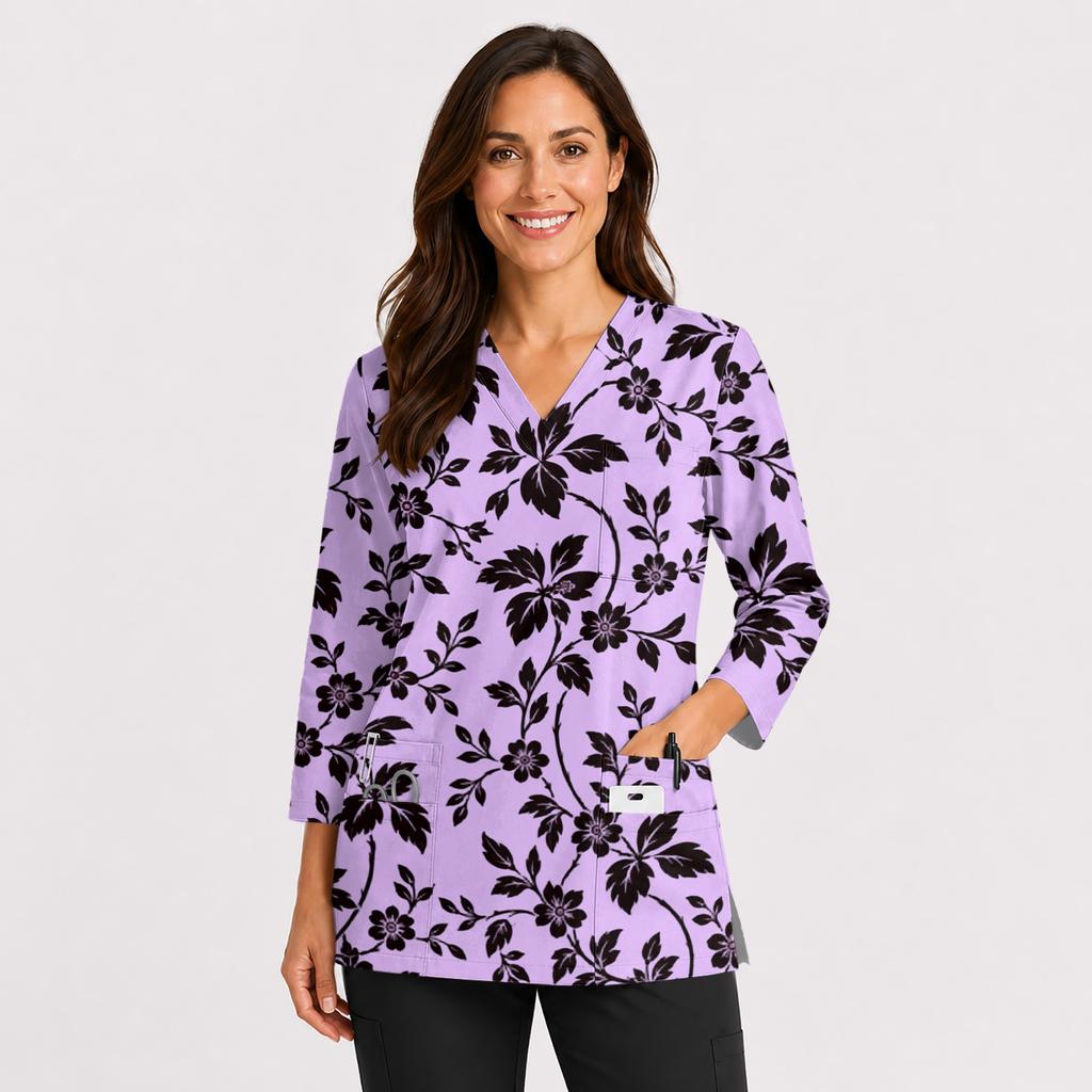 Women's Printed Top V-Neck 3/4 Sleeve with Double Pockets and Side Slits