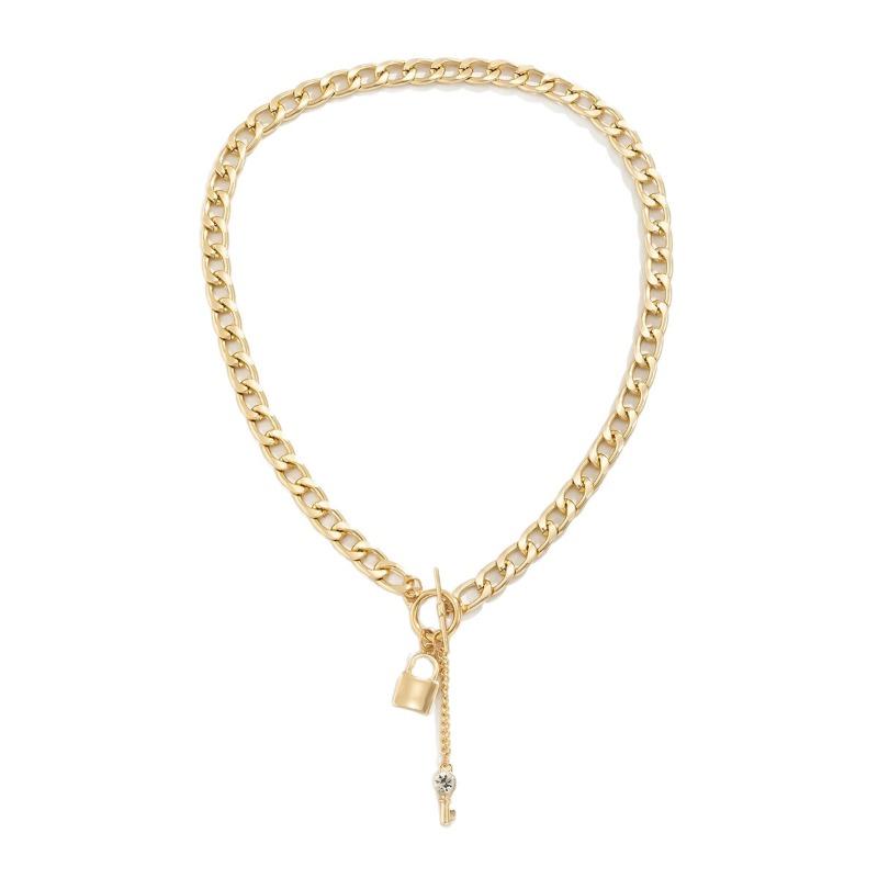 Jewelry Punk Thick Chain Lock Key Pendant Necklace Micro-Inlaid Chain Geometric Necklace