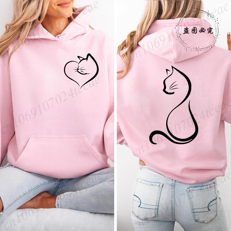 Love Heart Cat Fashion Teen Sweatshirt Fleece Autumn Winter Female Hoodies Hooded Sweatshirts Womens Cat Lover Sporwear  Tops