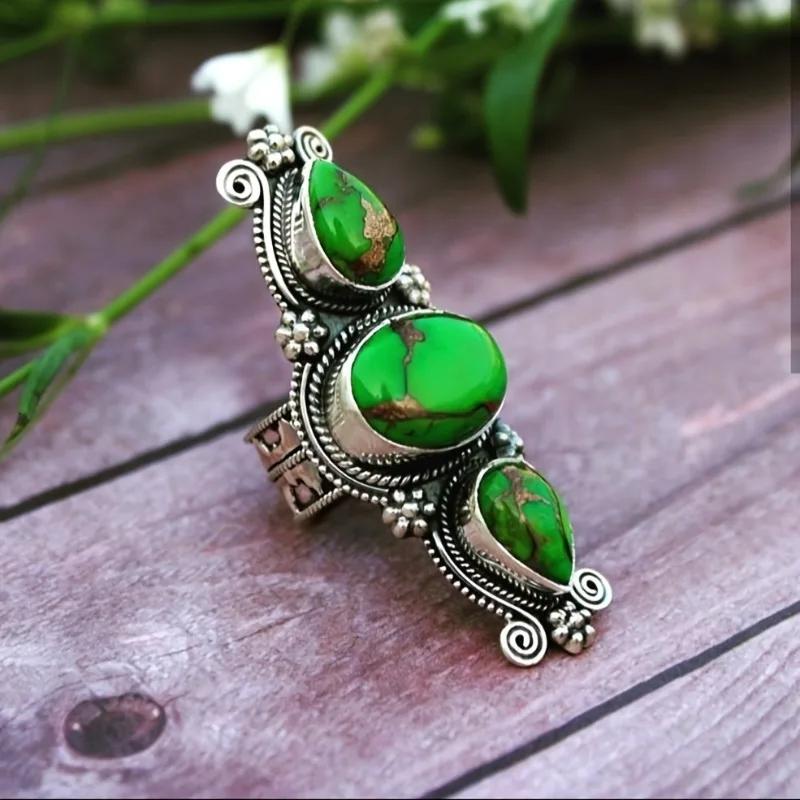 Vintage Bohemian Blue Jade Ring, Alloy, with Blue Jade Plaque, Suitable for Women and Men