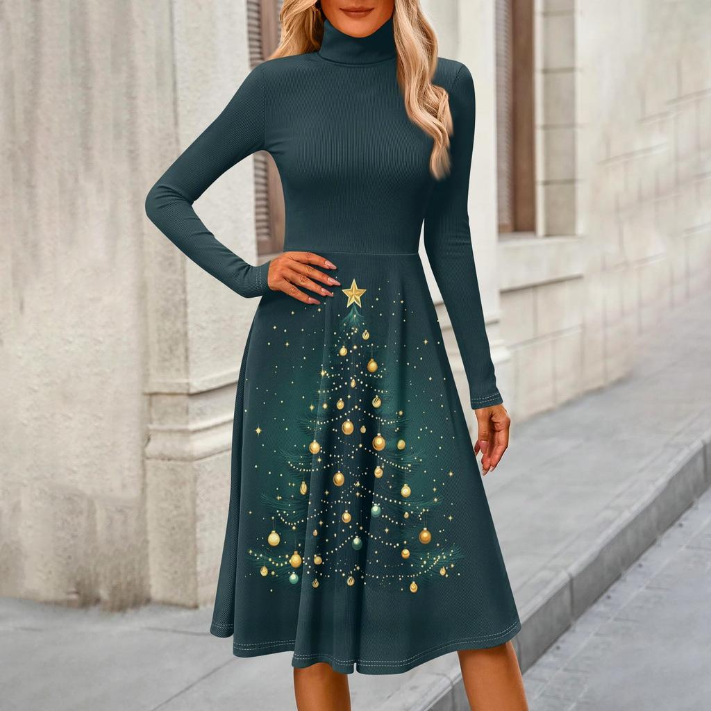 Women's Casual Fashion High Neck Long Sleeve Print Midi Dress