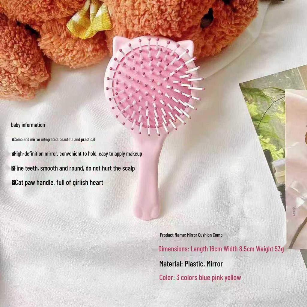 Cute Cat Paw Handheld Cushion Comb & Mirror - Portable Scalp Massage Brush
