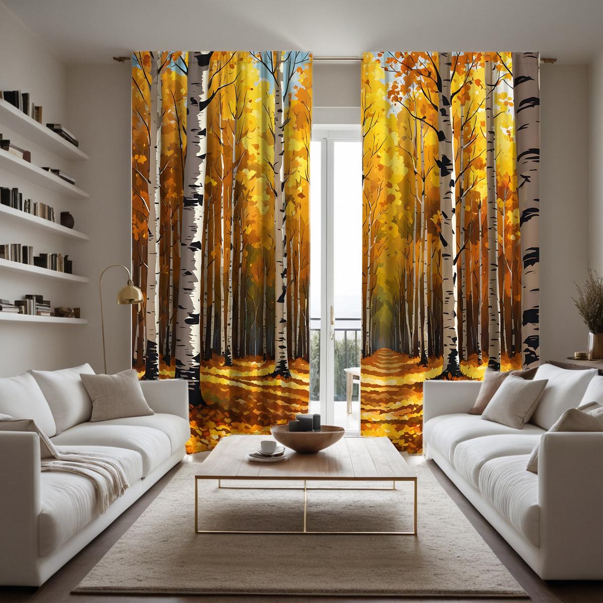 

2 шт. HD осенние березовые листья декоративная занавеска Желтая цифровая печать занавеска украшение для дома стиль украшение liv W52H63inchW132H160cm