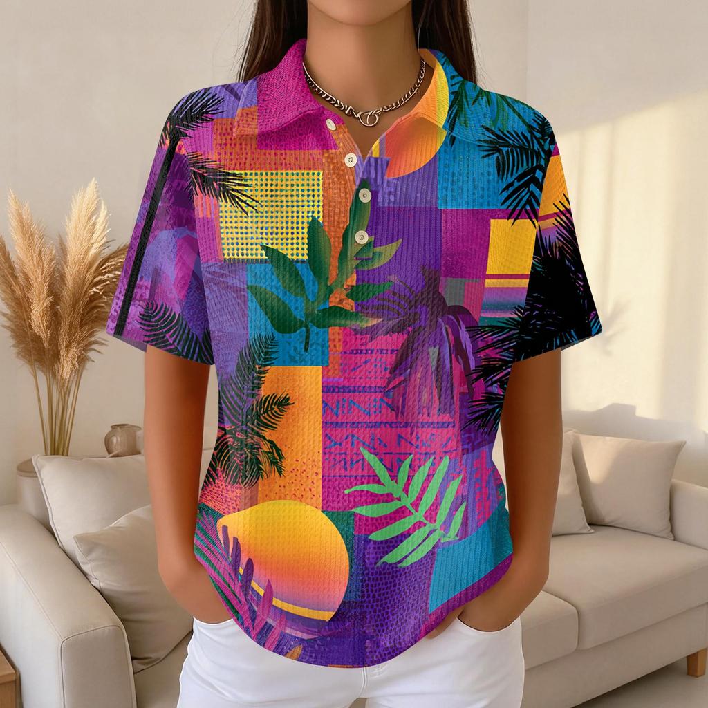 Women Casual Short Sleeve Hawaiian Print Waffle Knit Polo Shirt Lightweight Breathable Summer Top with Button Down Collar