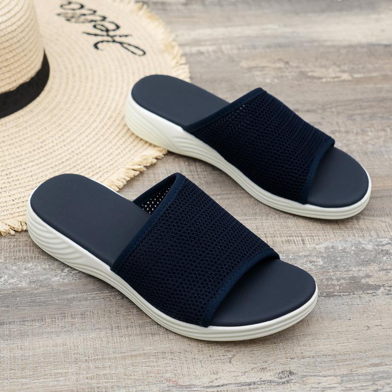 Flat Bottom Slippers Women Summer Round Head Mesh One Word Outer Wear Breathable Casual Sandal Slippers