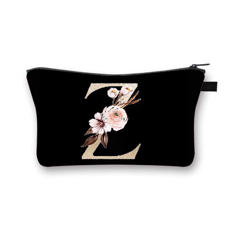 Vintage Golden Flower Alphabet Travel Cosmetic Bag Waterproof Toiletry Organize Pouch for Women
