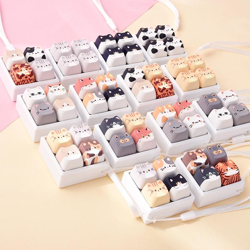 Cute Cat Keycap Fidget Toy 4 Keys Keyboard Pendant Stress Relief Clicker Button Toy Bag Charm Gift For Girls