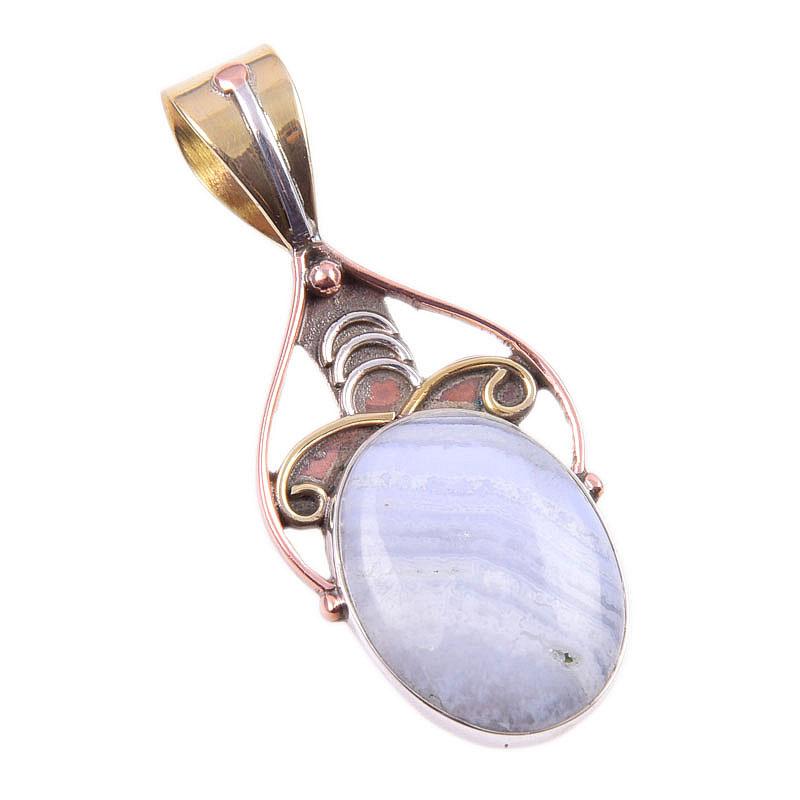 Natural Blue Lace Agate Gemstone 925 Solid Silver Two Tone Pendant 1.50'' T7q27
