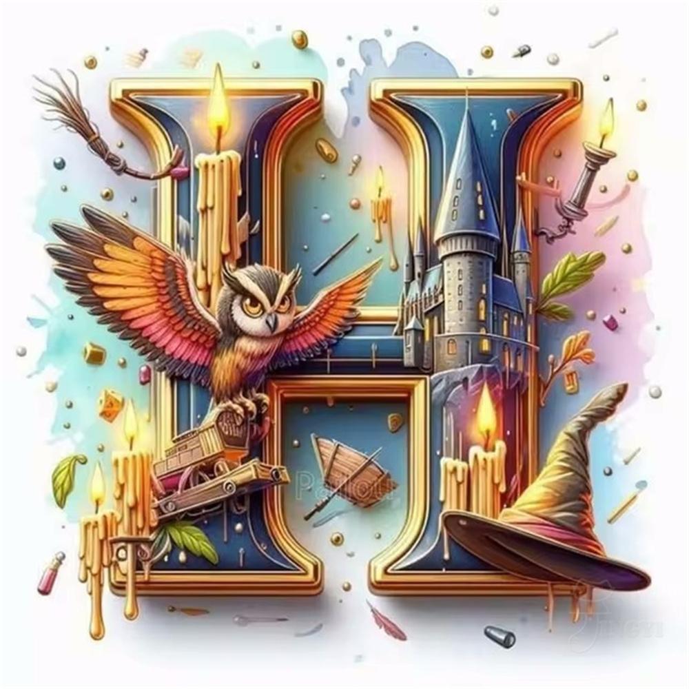Harry Potter Fantasy Castle and Owl Letters Diamond Painting Cross Stitch Art Magical Alphabet Witch House Mosaic Home Decor