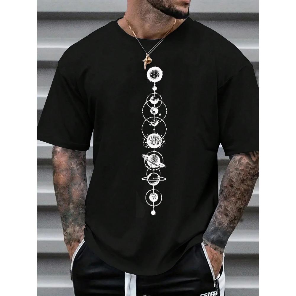 Men's summer 100 cotton fashionable casual sports loose space planet pattern printed round neck short sleeved T-shirt top