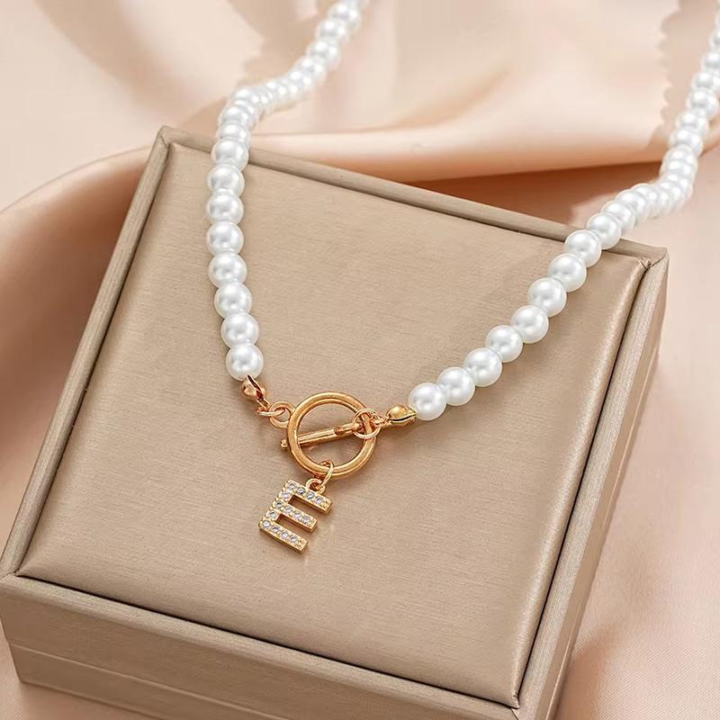 Rhinestone Letter Imitation Pearl Choker Necklace For Women Gold Plated Crystal Initial Pendant Necklace