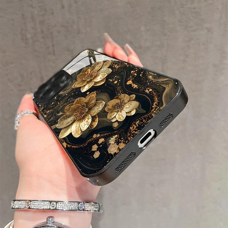 Funda de cristal templado con estampado de flor de loto dorada para iPhone 11 12 13 14 15 16 17 Pro Max 16E 17Air 7 8 Plus XR XS X