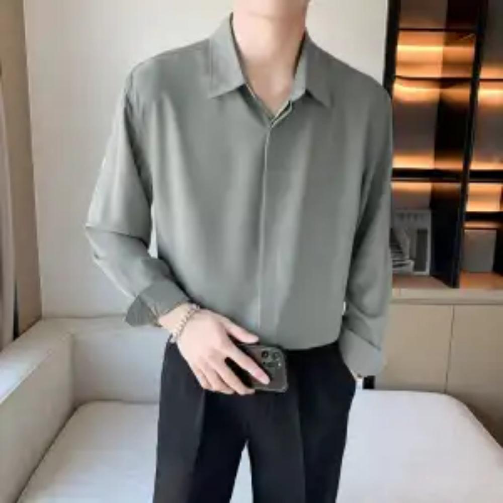 New Summer High End Handsome Fashion Cool Style Flip Collar Buckle Casual Loose Oversize Ice Silk Solid Color Shirt for Men