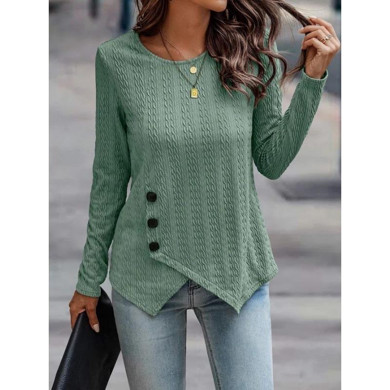 4 Solid Color Jacquard Long Sleeved Autumn Round Neck Button T-shirt Simple Versatile Daily Street Women's Top