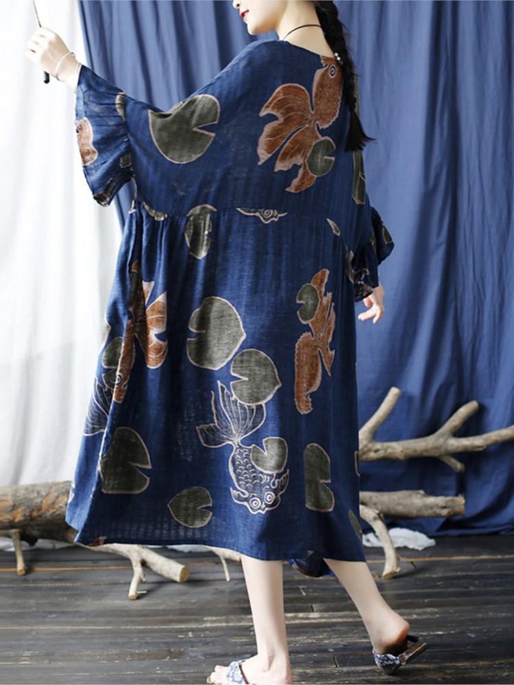 Johnature Women Flare Sleeve Spring Dress Print Floral Loose Robes O-Neck Seven Sleeve Cotton Blend Women Vintage Dress