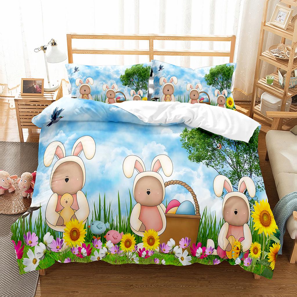 Cartoon Rabbit Duvet Cover Set Twin Queen Colorful Eggs Bedding Set Microfiber Floral Comforter Cover For Girls Boys Easter Gift