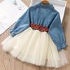 Spring Long Sleeved Dress Girl Denim Blue Dress Tutu Dress Kids Send Bow