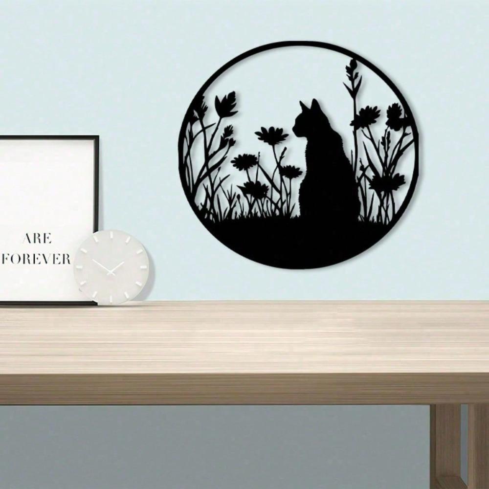 Vintage Metal Tree of Life Wall Art with Cat and Floral Decor