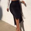 European Leather Women's Slim Fit Mid-Length Pencil Skirt with Slit