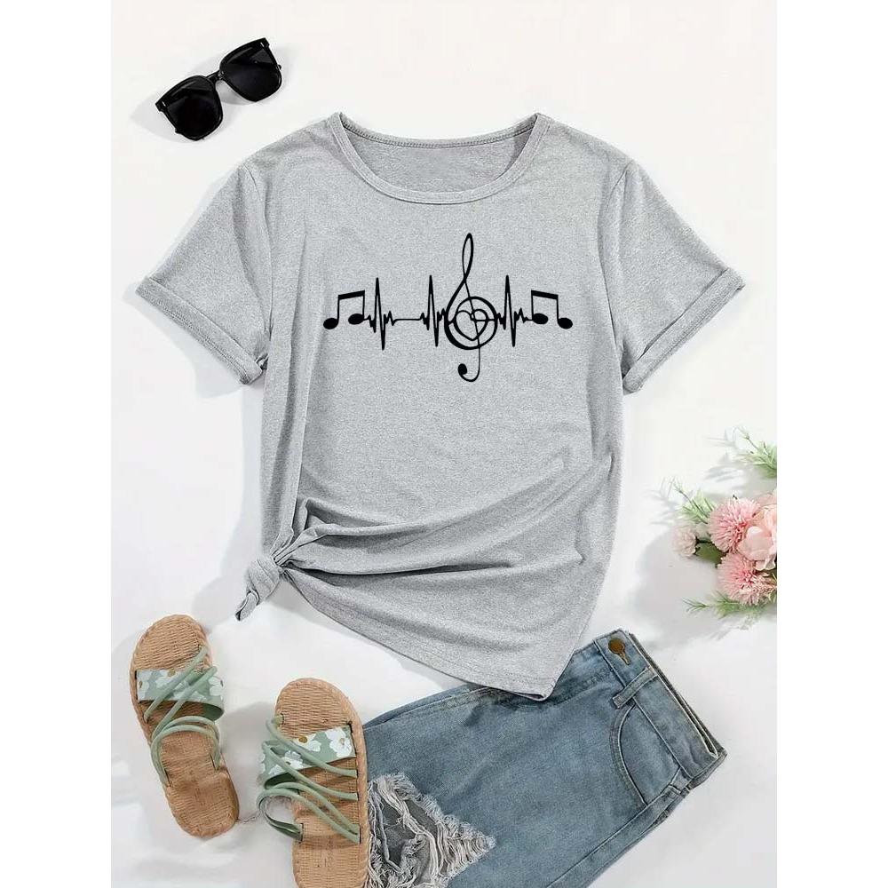 Music Note Print Women's T-Shirts Fashion Tops for Women Casual Summer Short Sleeve Tees Street Breathable Y2k T Shirt