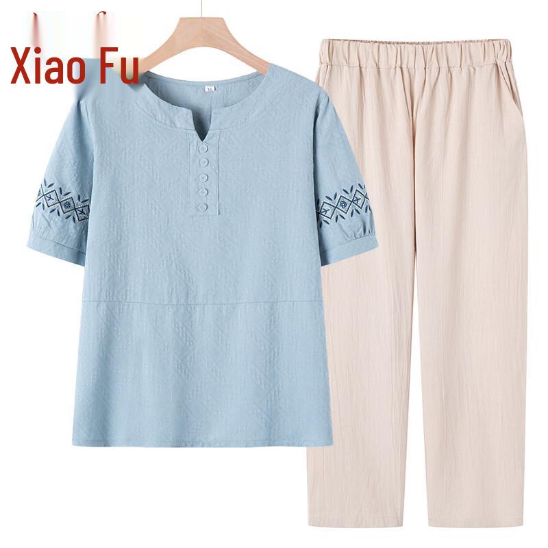 Xiaofu Plus Size Women's Ethnic V-Neck Short Sleeve Top