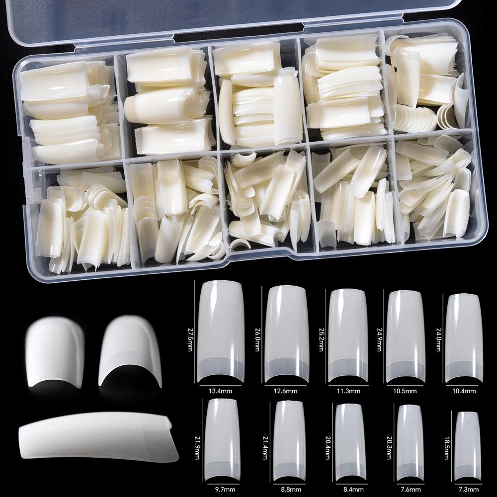 500 Buc. Tips Unghii Pătrate Franceze Transparente/Naturale Unghii Acrilice Artificiale Jumătate Fulgi Falsi Tips Unghii 10 Mărimi cu Cutie de Plastic Transparentă