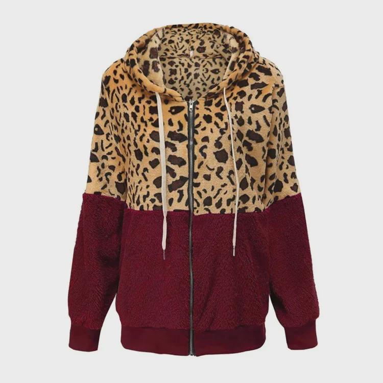 Damen Leopard Print Gespleißter Flauschiger Kapuzenpullover - Winter 2021 Kollektion