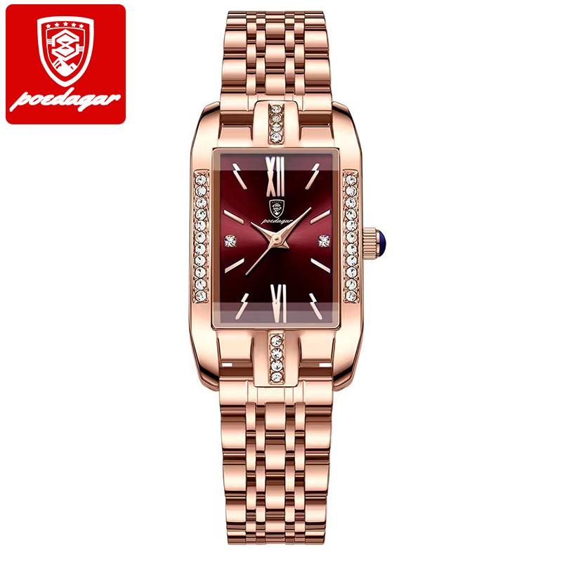 POEDAGAR Women Watch Fashion Luxury Diamond Green Dial Square Quartz Watches Stainless Steel Waterproof Ladies Wristwatch Gift
