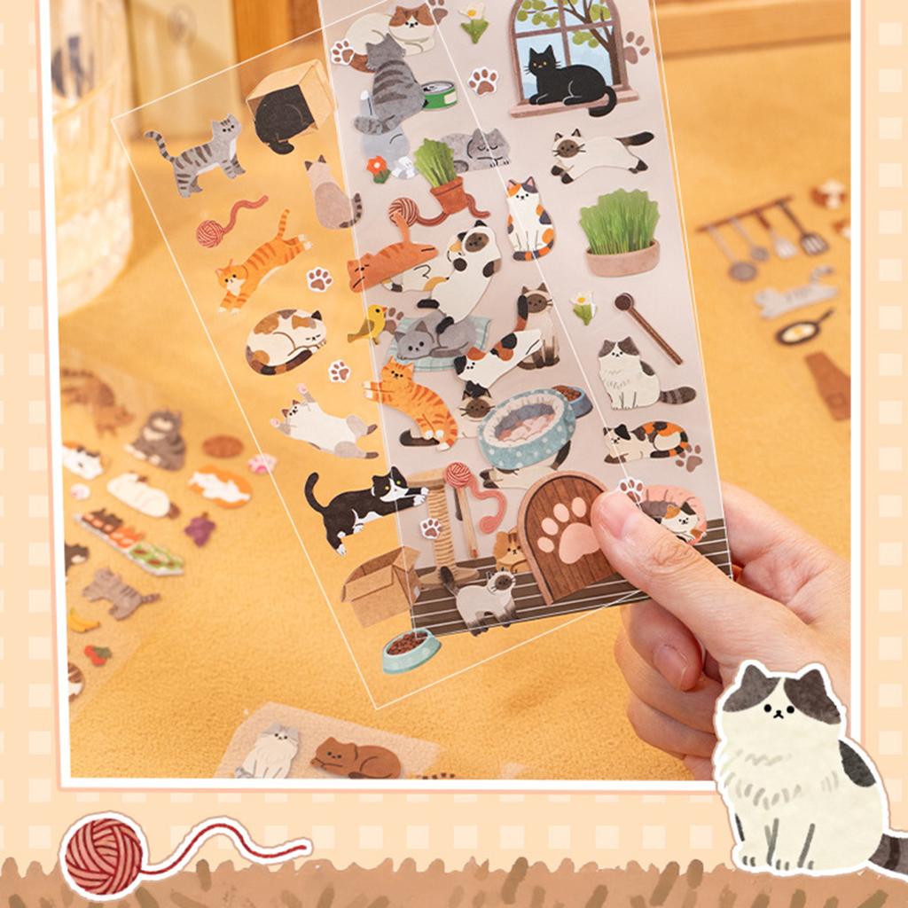 Cartoon Kitten Animal Sticker Adhesive Paper PVC Sticker for Scrapbooking Journal Phone Decoration Classroom Rewarding