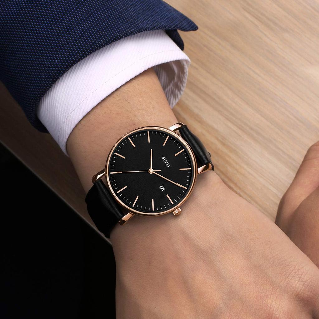 BUREI Men's Watch, Simple, Stylish, Popular Brand, Ultra-Thin, Lightweight, Business, Analog, Quartz Movement, Date Display, Waterproof, Leather, Rose