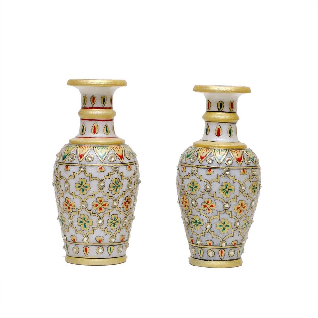 Designová dekorativní mramorová váza na květiny | Kulatý tvar Jaal Meenakari Ručně malovaná práce Dekorativní vázy pro domácí dekoraci