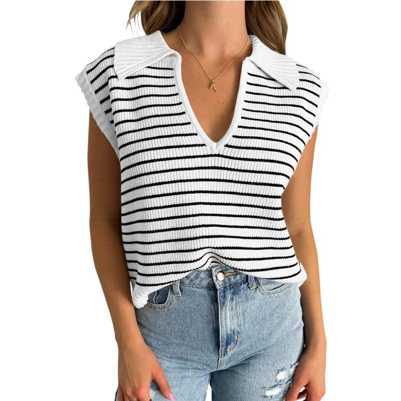 Women's Summer New V-neck Knit Casual Stripe Lapel Sweater Top
