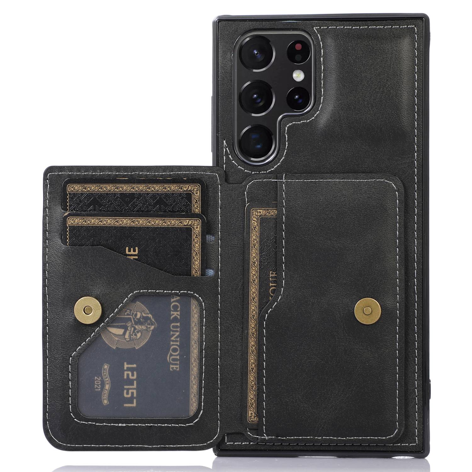 

For Samsung Galaxy S24 Ultra Case Card Holder Kickstand PU Leather+TPU Phone Cover Black