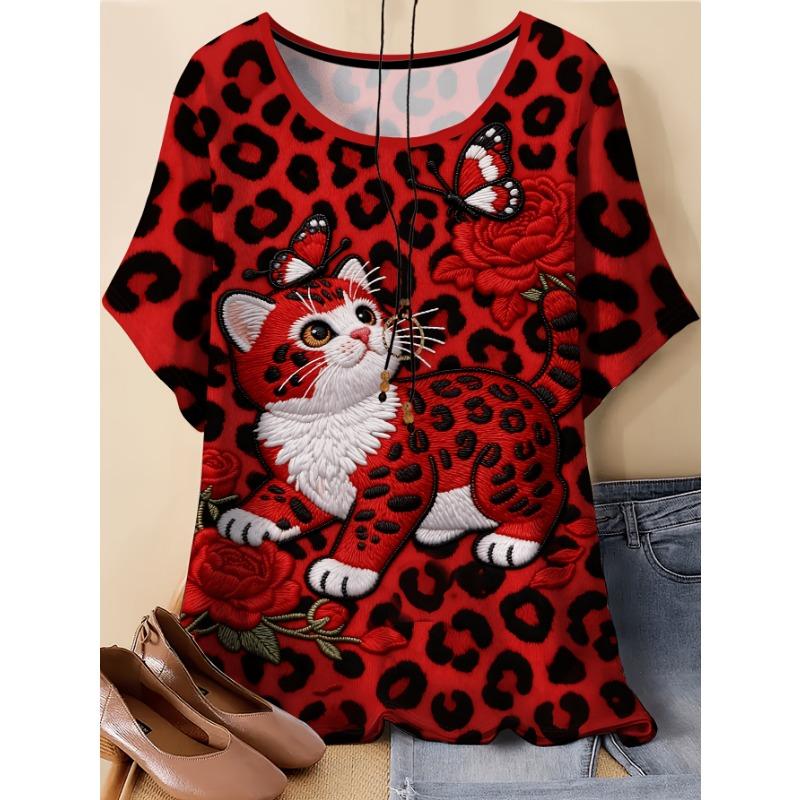 Summer Plus Size Women s Printed Cat and Floral Animal Pattern Leopard Print Round Neck Short-sleeved T-shirt S