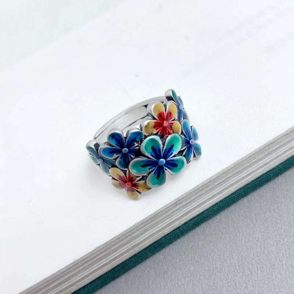 Retro Chinese Cloisonne Blossom Flower Ring For Women Punk Gothic Vintage Open Ring Handmade Designer Zircon Unisex Accessories
