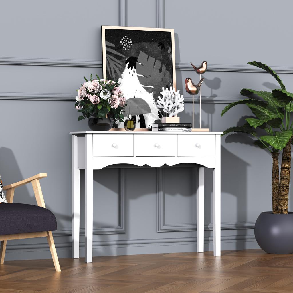 Wood Console Table Entrance Hallway Furniture With 3 Drawers For Living Room Corridor Load 45 Kg 100x32x85 Cm White