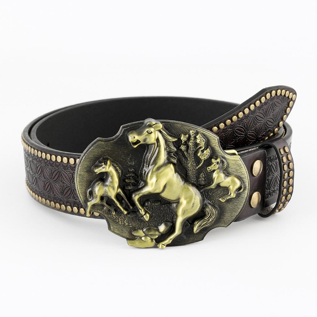 Western Denim Belt Bull Head Retro Green Retro Men'S Punk Embossed Pu Leather Belt